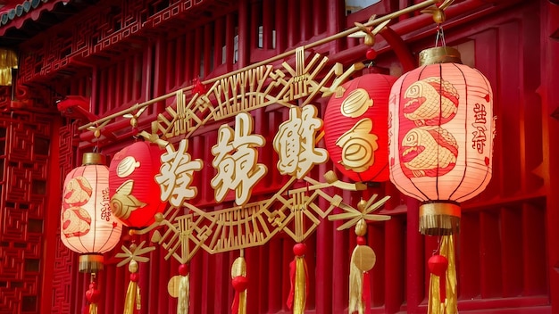 Vue latérale de la décoration du Nouvel An chinois accrochée sur le fond rouge