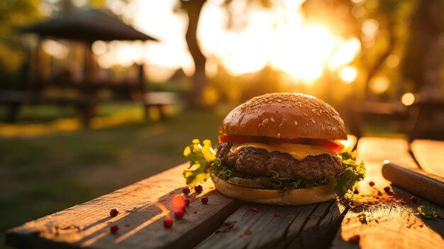 Vue latérale d'un délicieux burger contre un décor de pique-nique