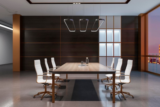 Vue latérale sur le design intérieur moderne dans la salle de conférence avec un mobilier minimaliste, des murs sombres, un sol brillant et un lustre élégant sur le rendu 3D supérieur
