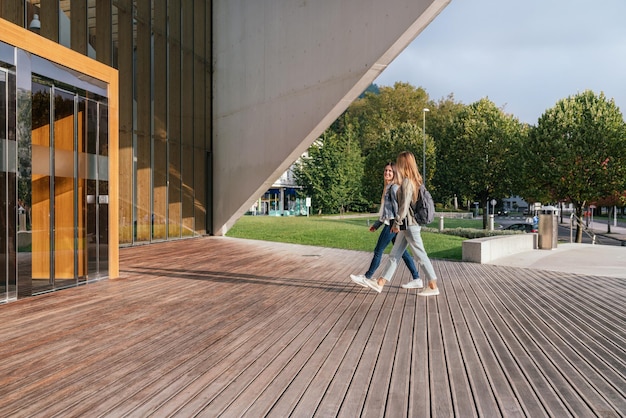 Vue latérale de deux camarades de collège entrant à l'université pour assister aux cours par une journée ensoleillée.