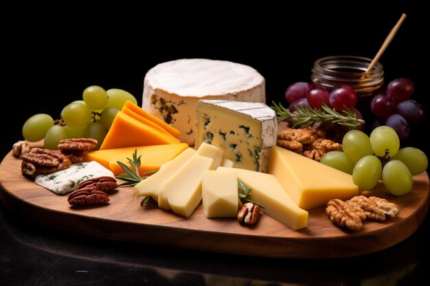 Vue latérale de divers types de fromage avec du miel et des raisins sur un plateau en bois avec des olives marinées