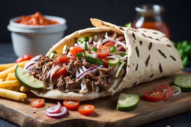 Vue latérale doner avec sauce tomate concombre viande et frites sur une planche