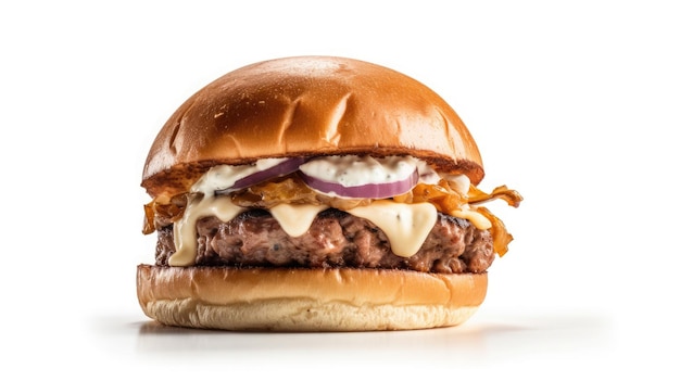 Vue latérale du Burger sur fond blanc avec du boeuf et du fromage à la crème photo gros plan réaliste