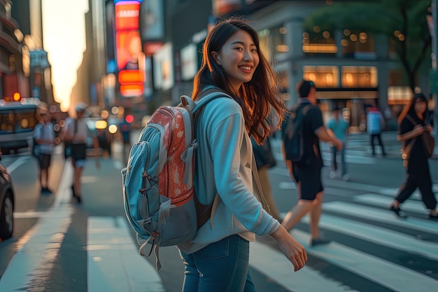 Vue latérale du sourire d'une jeune fille asiatique avec un sac à dos marchant dans la rue de la ville