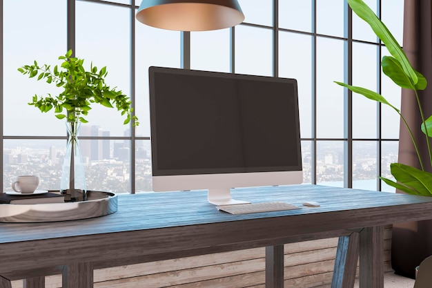 Vue latérale sur un écran d'ordinateur moderne noir vierge avec un espace pour votre logo sur une table en bois dans un bureau ensoleillé avec vue sur la ville depuis la fenêtre et une maquette de rendu 3D d'arbre vert et de fleur