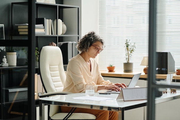 Vue latérale d'une employeur féminine mature tapant sur le clavier d'un ordinateur portable près du bureau