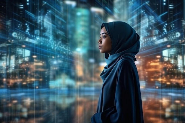 Vue latérale d'une femme d'affaires asiatique avec hijab et arrière-plan Big Data Generative Ai