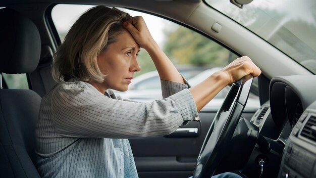 Photo vue latérale d'une femme d'âge moyen malheureuse et stressée serrant les poings et reposant la tête sur le volant