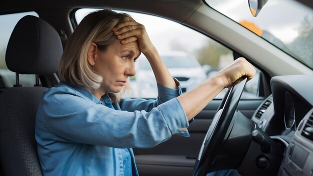 Photo vue latérale d'une femme d'âge moyen malheureuse et stressée serrant les poings et reposant la tête sur le volant