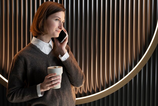 Photo vue latérale femme avec café et téléphone