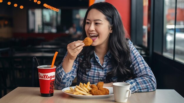 Vue latérale femme mangeant des nuggets de poulet avec des frites et des boissons gazeuses