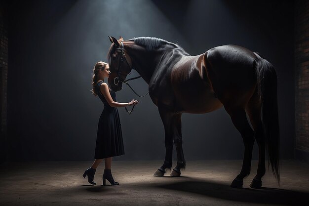 Photo vue latérale d'une femme en robe noire debout avec un cheval dans une pièce sombre