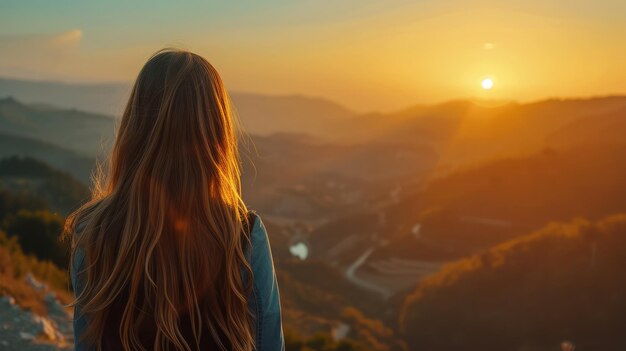 Vue latérale d'une femme voyageuse aux longs cheveux ondulés se tenant sur un point de vue et observant un paysage pittoresque avec des montagnes sous le ciel au coucher du soleil