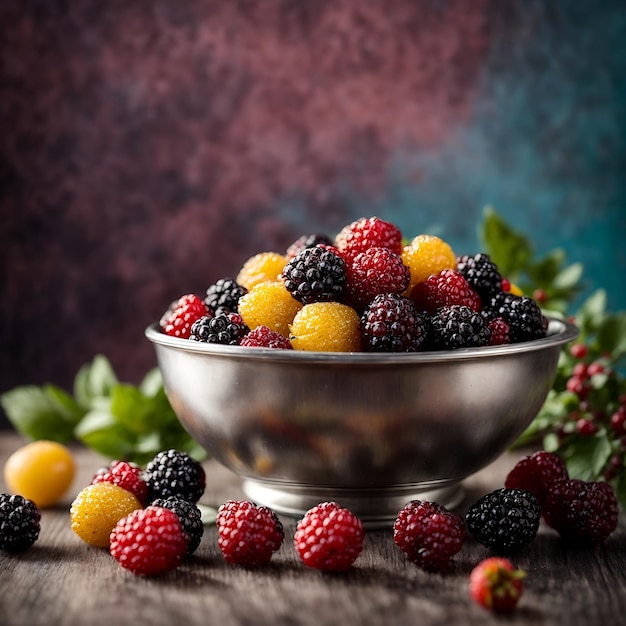 Vue latérale des fruits crus frais de silverberry dans un bol sur fond de couleurs mélangées