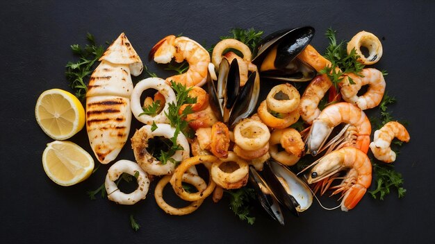 Photo vue latérale de fruits de mer grillés, de calamars, d'anneaux, de moules, de crevettes, de sauce et d'une tranche de citron