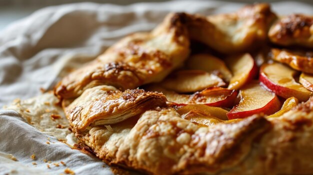 Vue latérale d'une Galette à pomme rustique sur fond blanc.