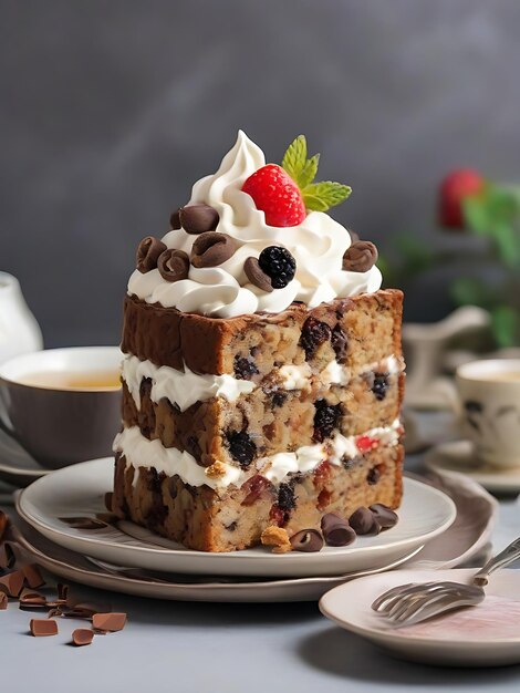 vue latérale d'un gâteau aux fruits surmonté d'une boucle au chocolat et d'une crème fouettée sur la table servie avec du thé