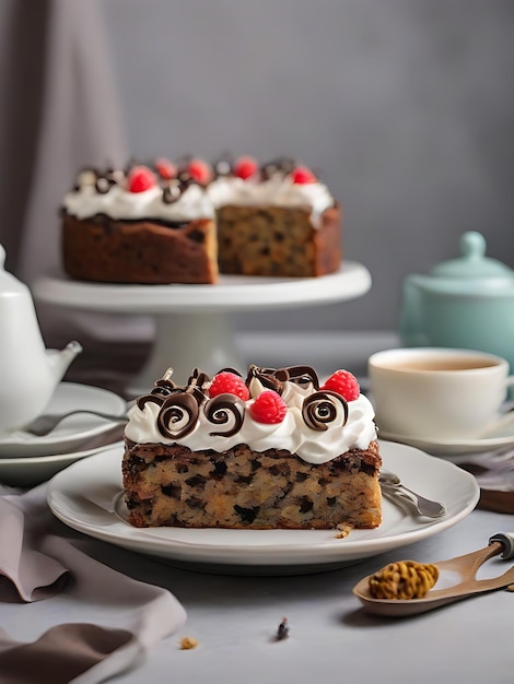 vue latérale d'un gâteau aux fruits surmonté d'une boucle au chocolat et d'une crème fouettée sur la table servie avec du thé