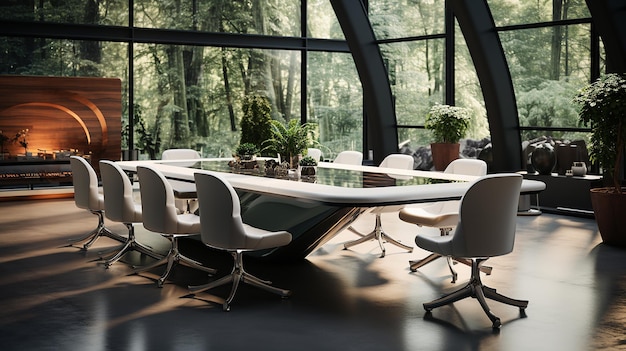 Vue latérale sur une grande table de conférence blanche avec des ordinateurs portables modernes entourés de chaises blanches sur Dark