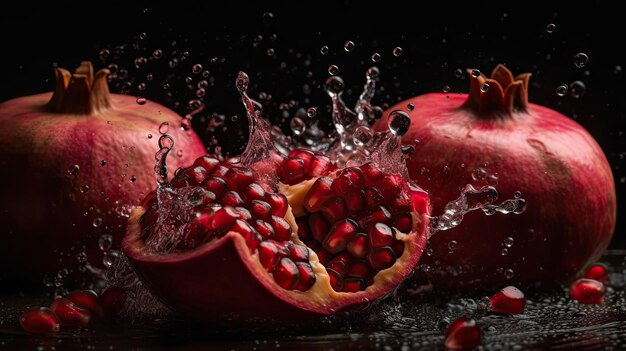 Vue latérale en gros plan Pomegranate fraîche frappée par des éclaboussures d'eau avec un fond flou noir