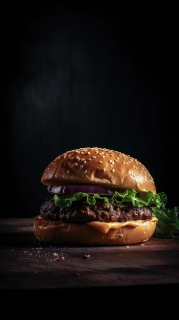 Photo vue latérale d'un hamburger sur un fond rustique sombre avec du bœuf et du fromage à la crème.