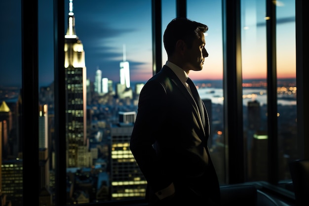 Vue latérale d'un homme d'affaires prospère regardant la ville