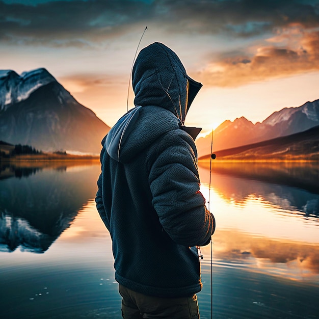 Vue latérale d'un homme à capuche pêchant une IA générative