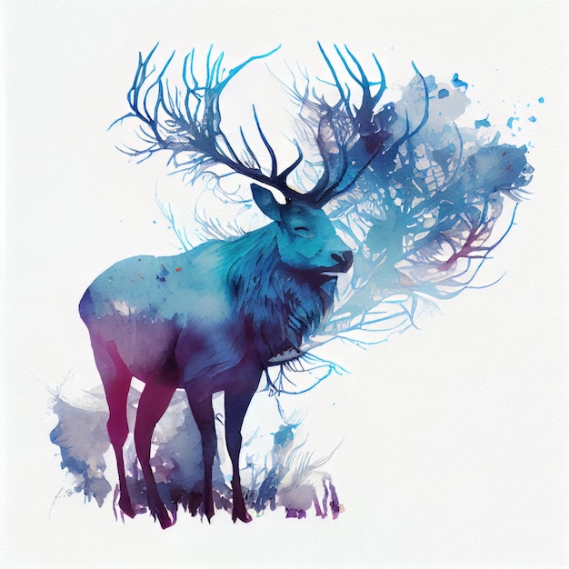 Vue latérale Illustration aquarelle avec un beau cerf avec de grandes cornes Generative AI