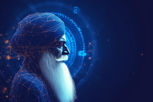 vue latérale illustration de Guru Nanak avec fond neural bleu