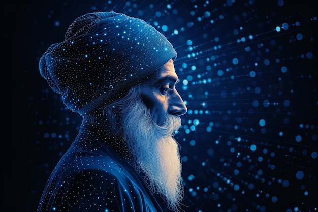 vue latérale illustration de Guru Nanak avec fond neural bleu