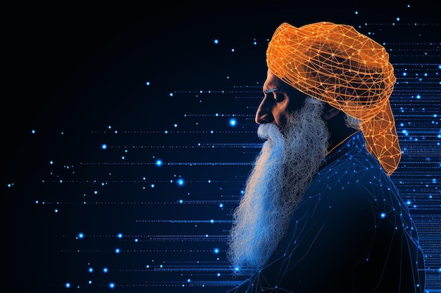 vue latérale illustration de Guru Nanak avec fond neural bleu