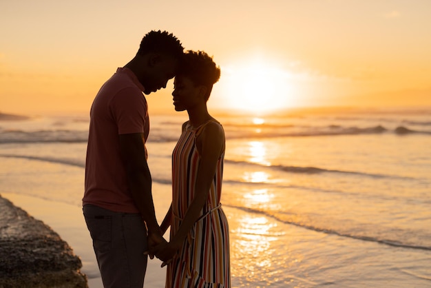 Vue latérale d'un jeune couple afro-américain romantique avec la tête sur la tête debout contre la mer et le ciel