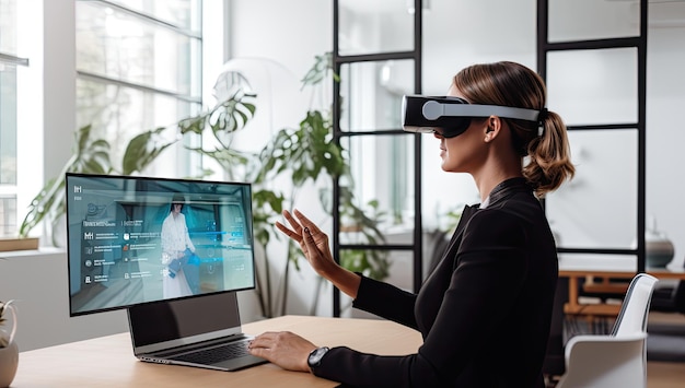 Photo vue latérale d'une jeune femme d'affaires dans un casque vr utilisant un ordinateur au bureau