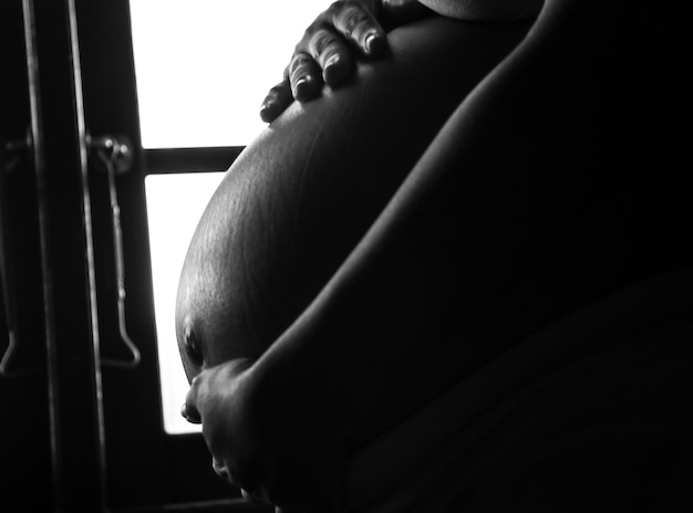 Photo vue latérale d'une jeune femme enceinte contre la fenêtre