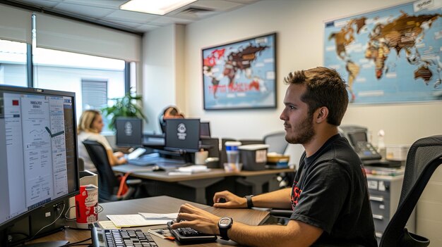 Vue latérale d'un jeune homme travaillant sur un ordinateur dans un bureau