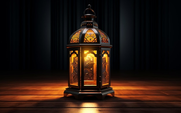 Vue latérale de la lanterne du Ramadan avec tapis de prière dans des lanternes de sol sombres en arrière-plan isolé