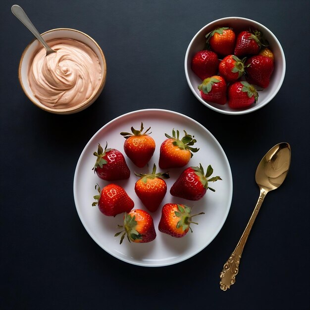Photo vue latérale de loin crème au chocolat crème au chocolate et fraises dans un bol de paille recouverte de chocolat