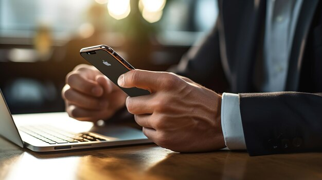 Vue latérale des mains d'un homme à l'aide d'un smartphone à l'intérieur de l'IA générative