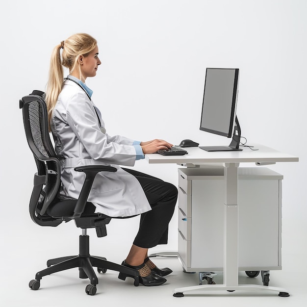 Photo vue latérale d'une médecin vérifiant le dossier médical alors qu'elle est assise à son bureau.