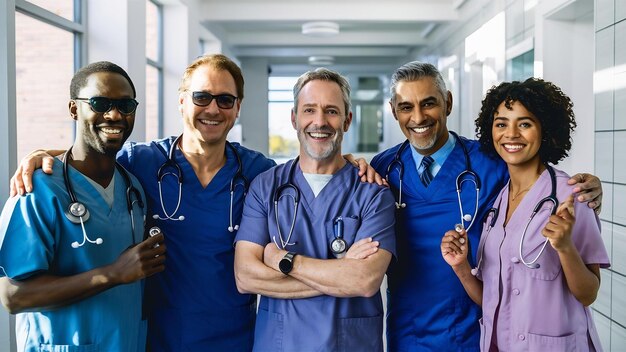 Vue latérale de médecins souriants posant