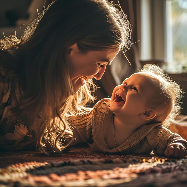 Vue latérale de la mère jouant avec la petite fille qui rit Ai générative