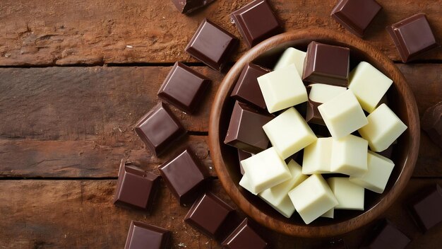 Vue latérale de morceaux de chocolat noir et blanc éparpillés d'un bol en bois sur un fond rustique avec