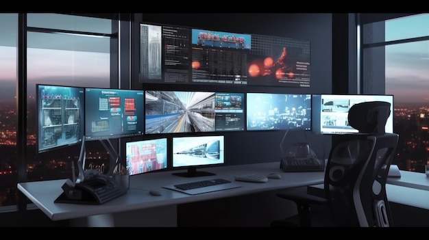 La vue latérale d'un ordinateur avec plusieurs écrans affichant les médias sociaux et les actualités dans un arrière-plan de bureau moderne magnifique Generative AI AIG32
