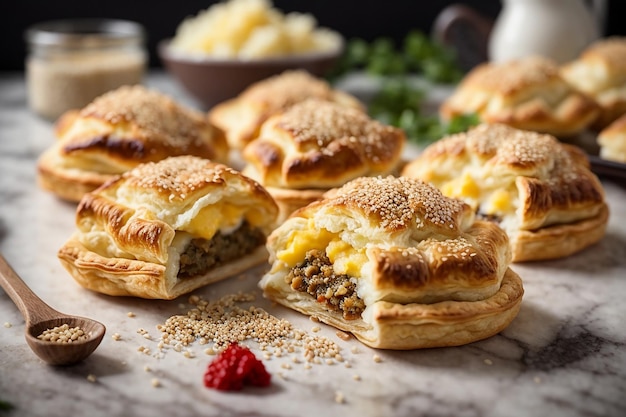 Vue latérale des pâtisseries avec de la viande hachée, des graines de sésame et des gâteaux remplis de purée de pommes de terre sur la table