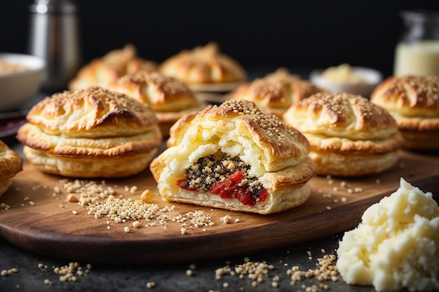 Vue latérale des pâtisseries avec de la viande hachée, des graines de sésame et des gâteaux remplis de purée de pommes de terre sur la table