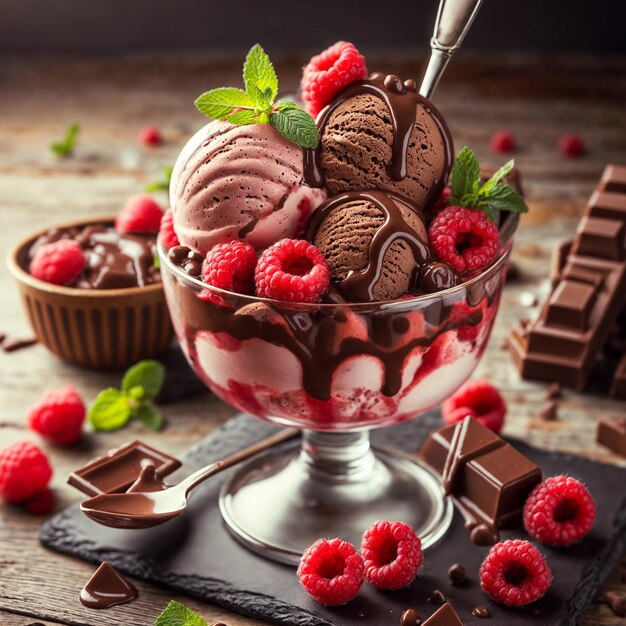 vue latérale de la photo crème glacée au chocolat avec noix et rouleaux de galettes