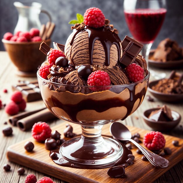 Photo vue latérale de la photo crème glacée au chocolat avec noix et rouleaux de galettes