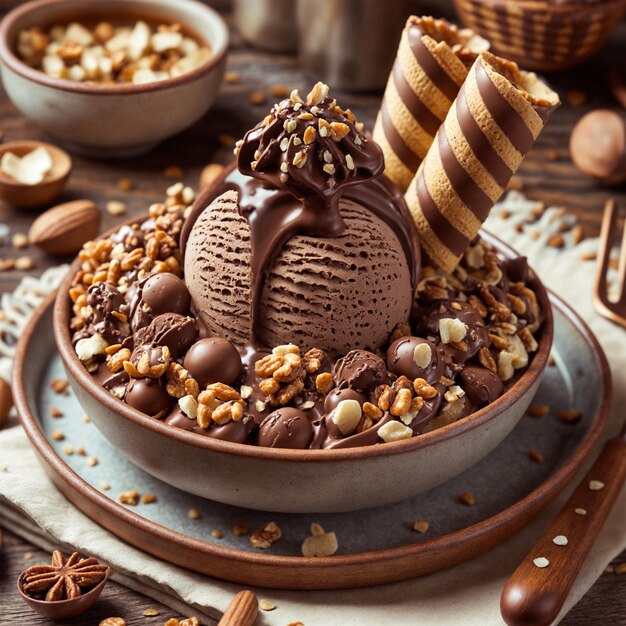 vue latérale de la photo crème glacée au chocolat avec noix et rouleaux de galettes