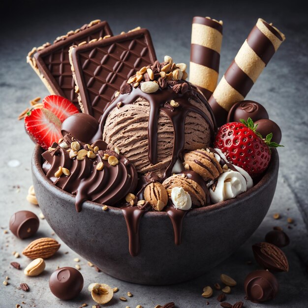 vue latérale de la photo crème glacée au chocolat avec noix et rouleaux de galettes