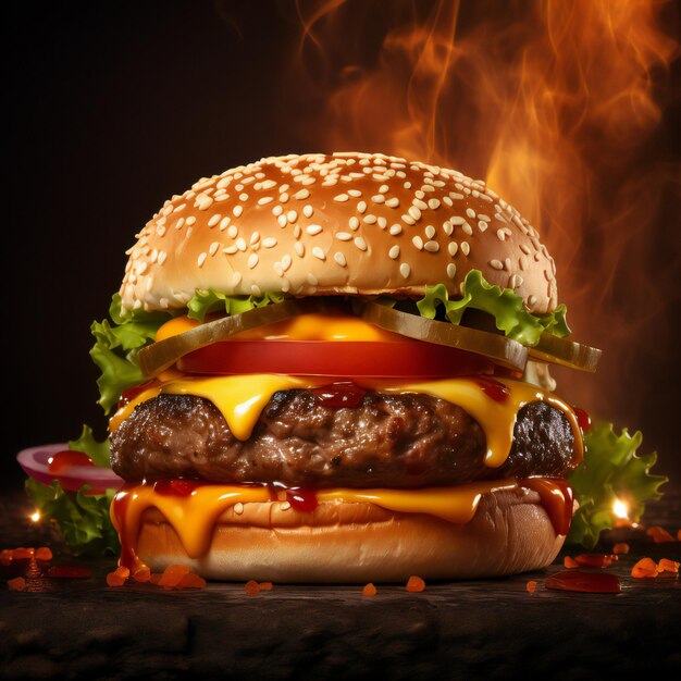 vue latérale de la photo double cheeseburger avec du bœuf grillé